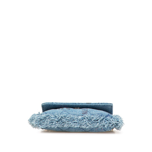 Denim Mood Flap Clutch with Chain Logo Printed Quilted Fringe Denim