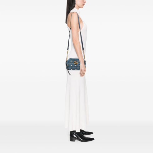 Pearly GG Marmont Shoulder Bag Embellished Matelasse Denim Small