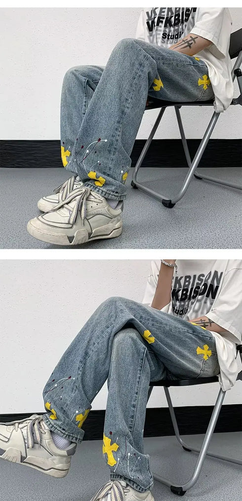 VVS Splashed Ink Cross Embroidery Jeans