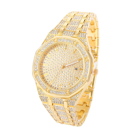 "King Frost" Iced Out Men’s Gold Watch and Miami Cuban Bracelet Luxury Bundle
