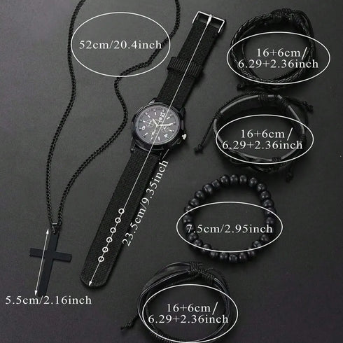 VVS Vanta Noir 6-Piece Men's Accessory Set – Leather Bracelet, Mechanical Watch & Cross Pendant Necklace Bundle
