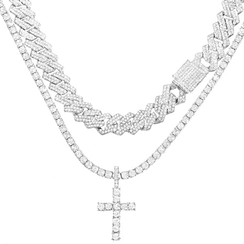 2-Piece Iced Out Bundle: 14MM Cuban + Tennis Cross Chain