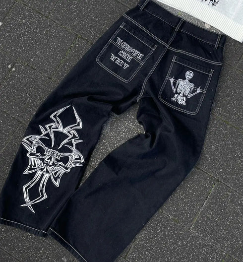 Retro Skull Embroidery Baggy Denim Pants