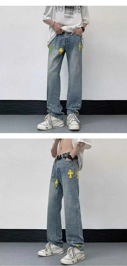 VVS Splashed Ink Cross Embroidery Jeans