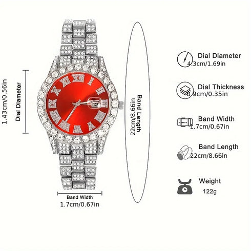 VVS Jewelry 4-Piece Iced Out Watch & Cuban Chain, Bracelet and Cross Bundle Set