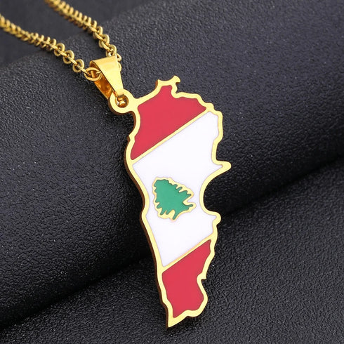 Stainless steel Enamel Lebanon Map Flag Pendant Necklace