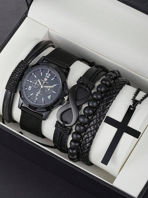 VVS Vanta Noir 6-Piece Men's Accessory Set – Leather Bracelet, Mechanical Watch & Cross Pendant Necklace Bundle