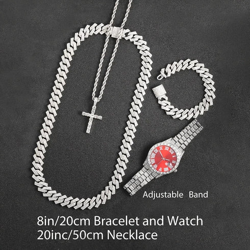 VVS Jewelry 4-Piece Iced Out Watch & Cuban Chain, Bracelet and Cross Bundle Set