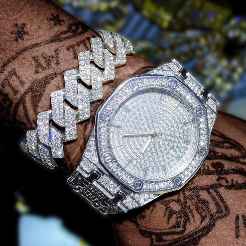 "King Frost" Iced Out Men’s Gold Watch and Miami Cuban Bracelet Luxury Bundle