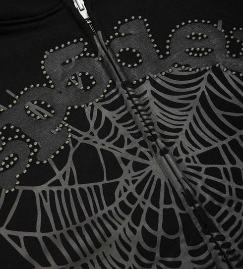 Sp5der OG Web Studded Zip Hoodie Black