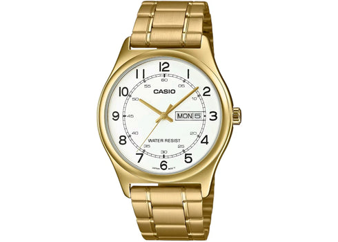 Casio Men’s Gold Analog Watch with White Dial and Day-Date Display MTP-V006G-7B