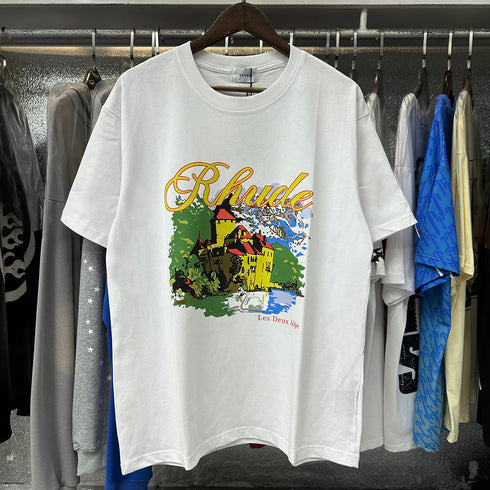 Rhude T-shirts Alpine Villa Printed Cotton Casual Short Sleeve Men and Women