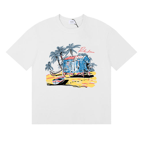 Rhude T-shirts Beach Coconut House Printed Cotton Casual Crew Neck Short Sleeve Men and Women
