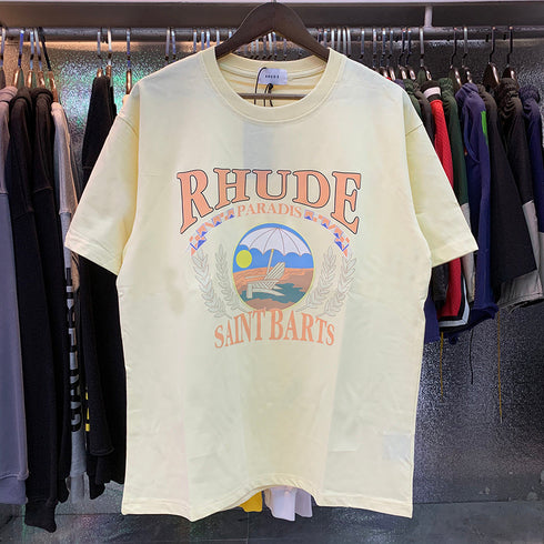 Rhude T-shirts Sunset Beach Cozy Pattern Printed Cotton Casual Loose Short Sleeve Men and Women