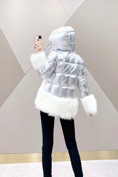 Moncler Silver Plush Panel Puffer Coat