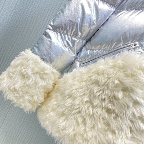 Moncler Silver Plush Panel Puffer Coat