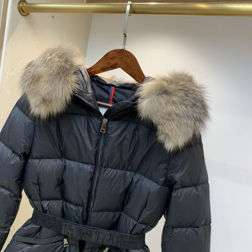 Moncler Fur-Trim Belted Puffer Coat