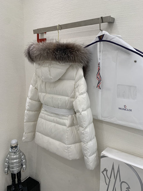 Moncler Fur-Trim Belted Puffer Coat