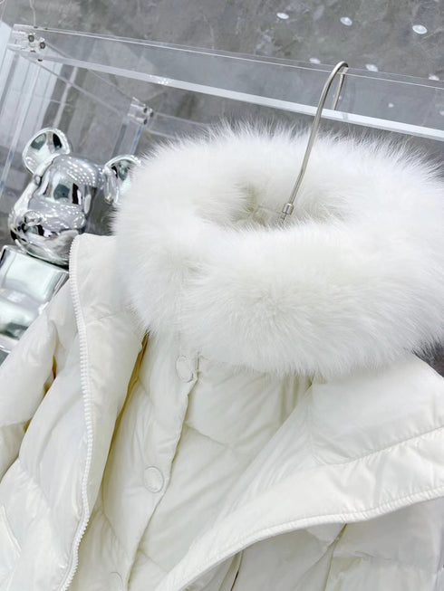 Moncler White Fur-Trim Hood Long Down Coat