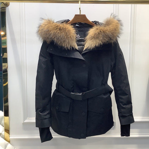 Moncler Belted Fur-Trim Hooded Coat