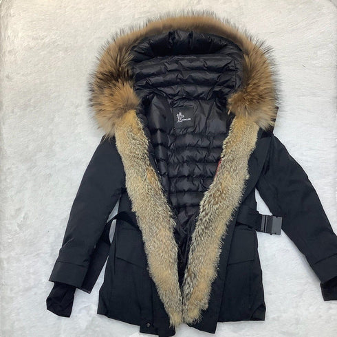 Moncler Belted Fur-Trim Hooded Coat