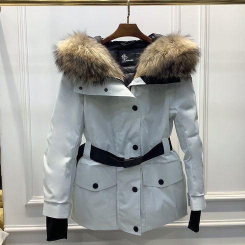 Moncler Belted Fur-Trim Hooded Coat