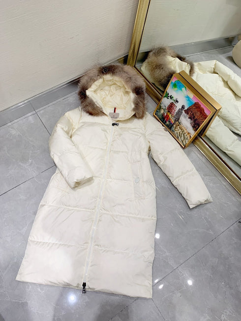 Moncler Hooded Fur-Trim Long Down Coat