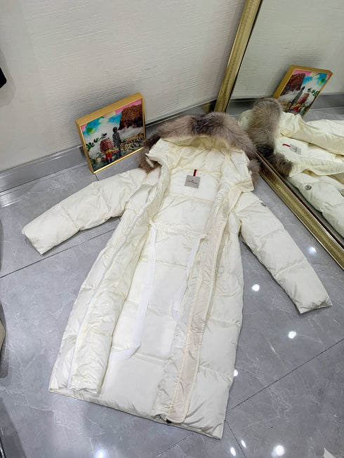 Moncler Hooded Fur-Trim Long Down Coat