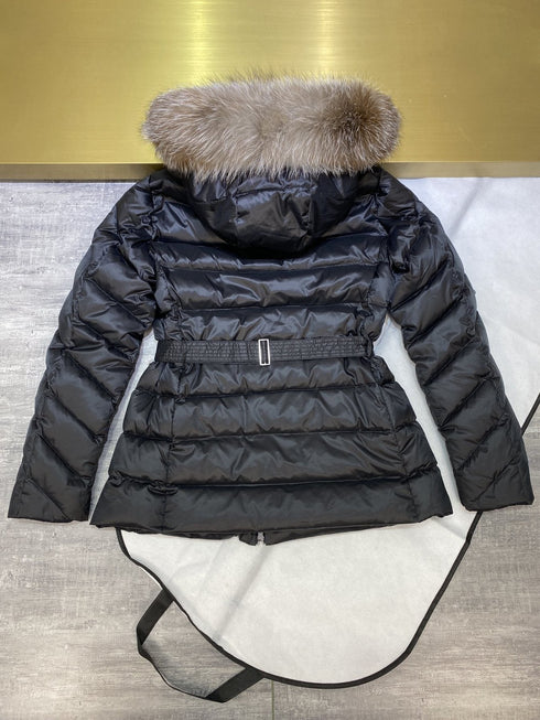 Moncler Fur-Trim Hood Belted Short Down Coat