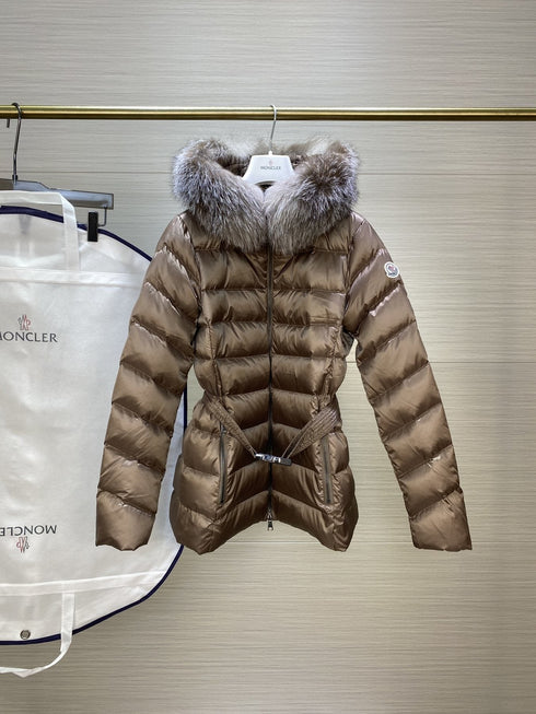 Moncler Fur-Trim Hood Belted Short Down Coat
