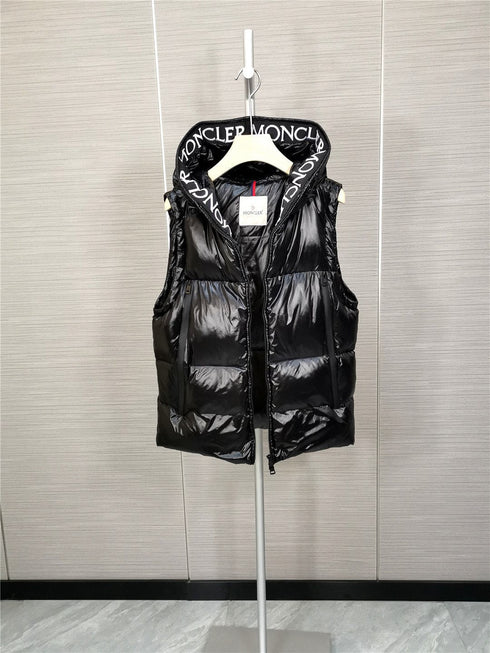 Moncler Hooded Letter-Trim Down Vest
