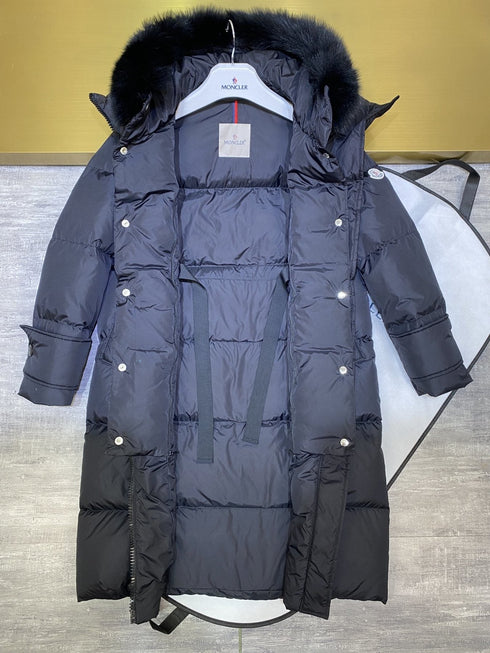 Moncler Women's Long Hooded Fur-Trim Down Coat