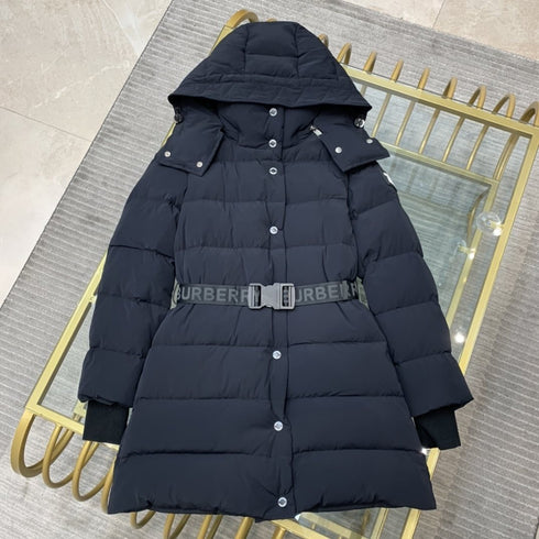 Burberry Women's Black Belted Hooded Long Down Jacket