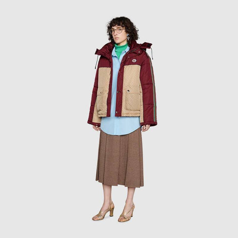GUCCI Burgundy Monogram Color-Block Hooded Short Down Jacket
