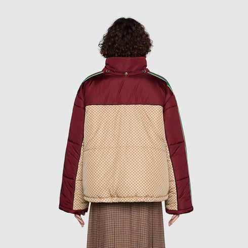 GUCCI Burgundy Monogram Color-Block Hooded Short Down Jacket