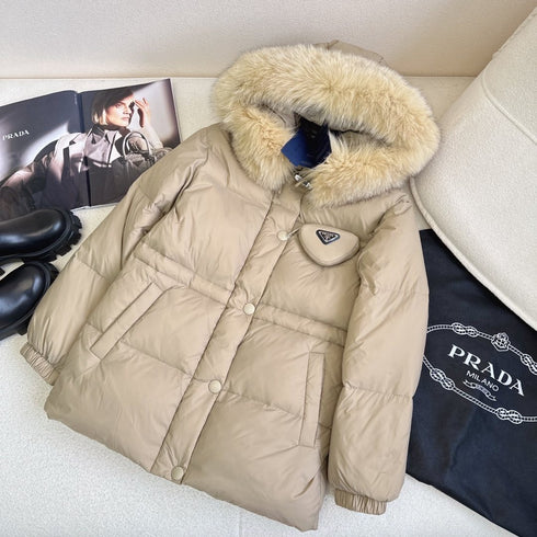 Prada Fur-Trim Hooded Puffer Jacket with Detachable Pouch