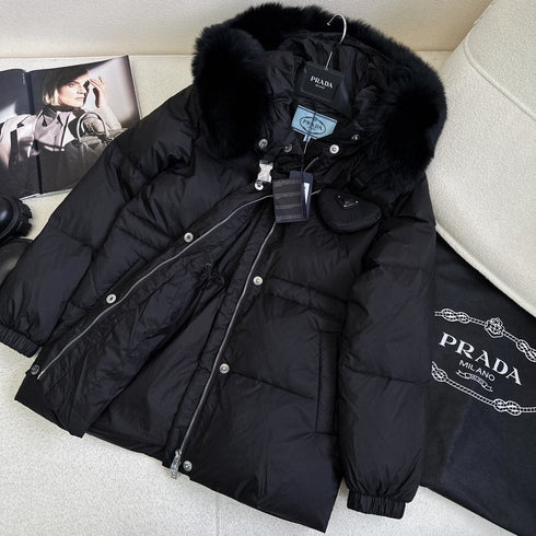 Prada Fur-Trim Hooded Puffer Jacket with Detachable Pouch