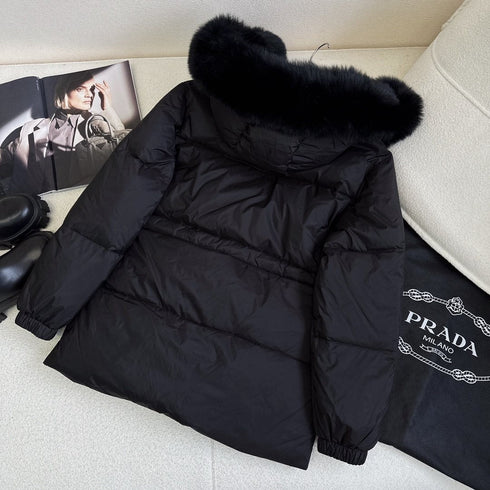Prada Fur-Trim Hooded Puffer Jacket with Detachable Pouch