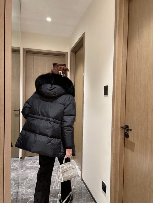 Prada Fur-Trim Hooded Puffer Jacket with Detachable Pouch