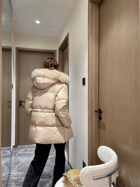 Prada Fur-Trim Hooded Puffer Jacket with Detachable Pouch
