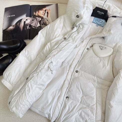 Prada Fur-Trim Hooded Puffer Jacket with Detachable Pouch