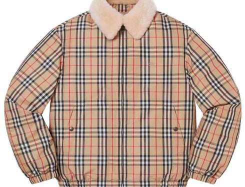 Burberry Beige Check Shearling-Collar Puffer Jacket