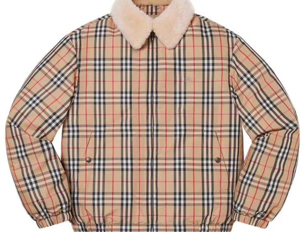 Burberry Beige Check Shearling-Collar Puffer Jacket