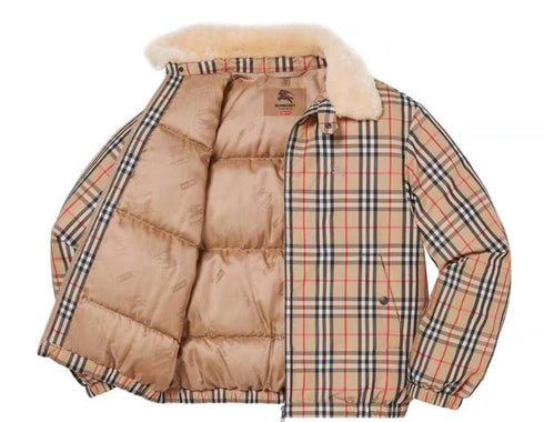 Burberry Beige Check Shearling-Collar Puffer Jacket