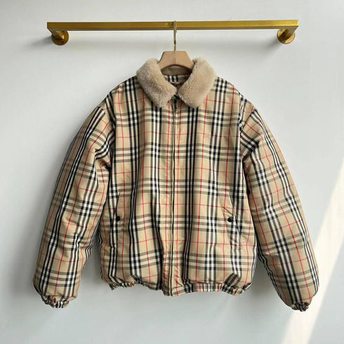Burberry Beige Check Shearling-Collar Puffer Jacket