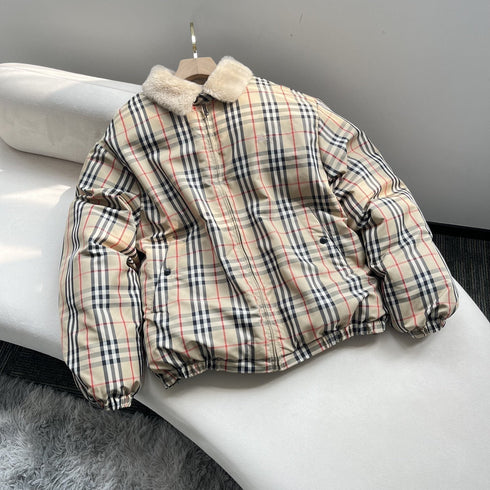 Burberry Beige Check Shearling-Collar Puffer Jacket