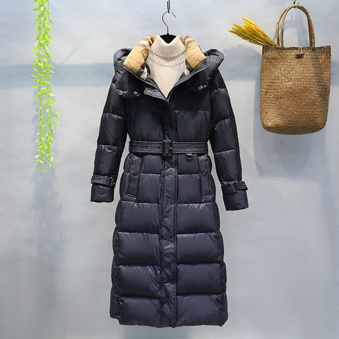 Burberry Removable-Hood Belted Long Down Jacket