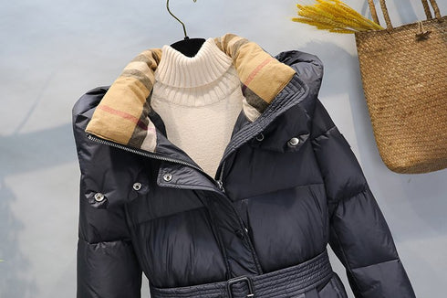Burberry Removable-Hood Belted Long Down Jacket