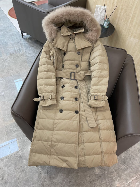Burberry Belted Hooded Long Down Jacket