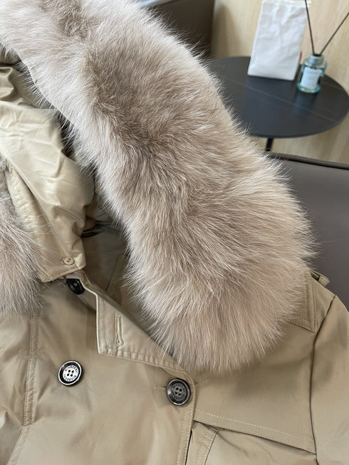 Burberry Fur-Trim Hooded Long Down Jacket